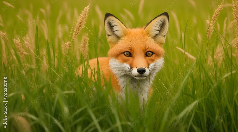 Inquisitive eyes peer out from behind a patch of tall grass, as a fox cautiously observes the world around it. Inquisitive eyes peer out from behind a patch of tall grass, as a fox cautiously observes the world around it.