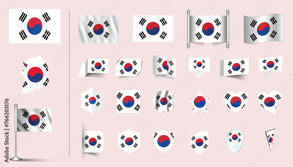 Obraz premium set of South Korea flag, flat Icon set vector illustration. collection of national symbols on various objects and state signs. flag button, waving, 3d rendering symbols, and flag on map symbols