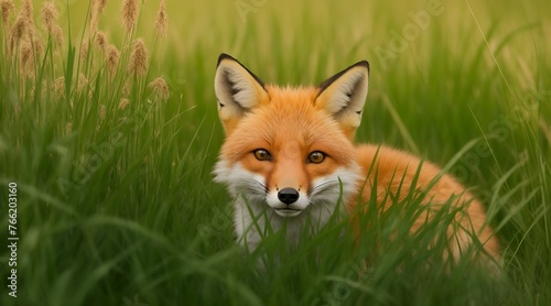 With a mischievous glint in its eyes, a fox peeks out from behind a cluster of tall grass, curious about the world.