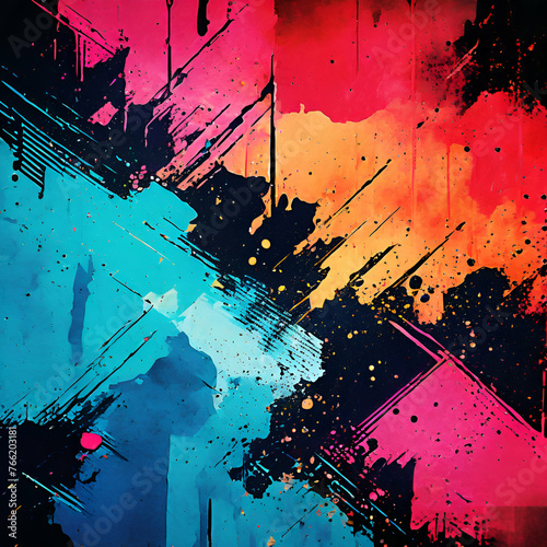 Abstract grungy and geometric artwork with retro vibe colors of red, green, yellow and red