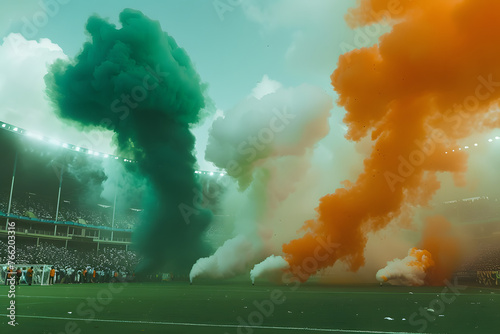 Orange, white and green smoke coming from the top of a Ivorian stadium photo
