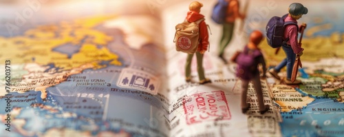 A group of miniature people walking on top of the passport, symbolize travel for international students.