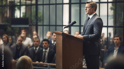 Businessman speaking from behind a podium to a group of people in an office space photo