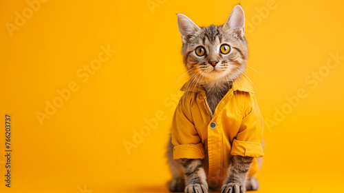 cute cat wearing a yellow shirt on a yellow background with copy space