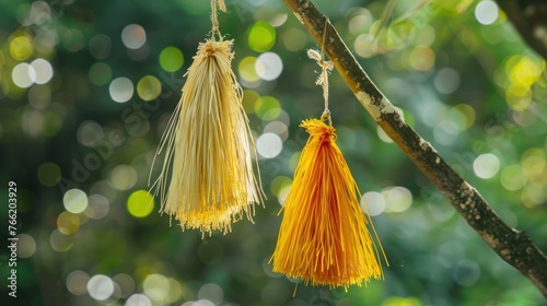 Two different color of tassels on the tree against a bokeh background © EMRAN