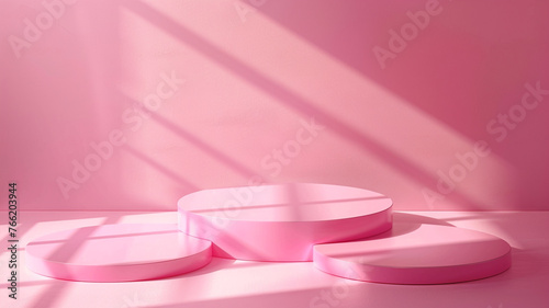 Empty pink product podium display background with a minimal pedestal show stand, modern platform, abstract light shadow showroom presentation backdrop. Cosmetic template with geometric summer shelf