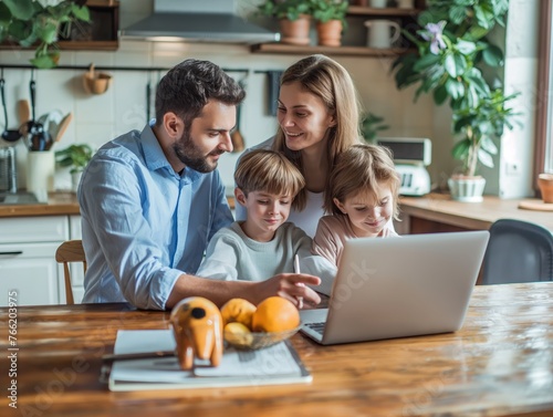 A family discussing online safety measures around a laptop at the kitchen table