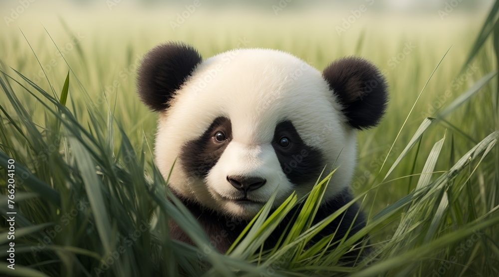 Fototapeta premium Adorable panda hiding in tall grass.