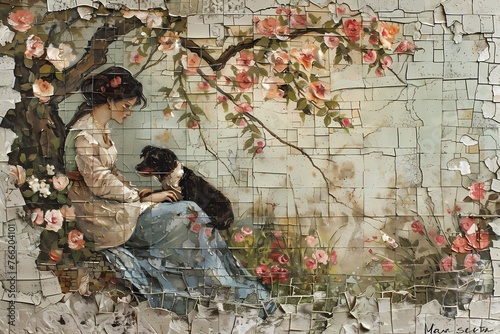 Lady’s with dog in vintage style painting with garden and flower, For wall art, digital art, home decor , background and wallpaper