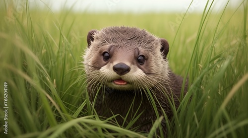 A curious otter peeking out from behind tall grass, looking directly at the camera in a field.