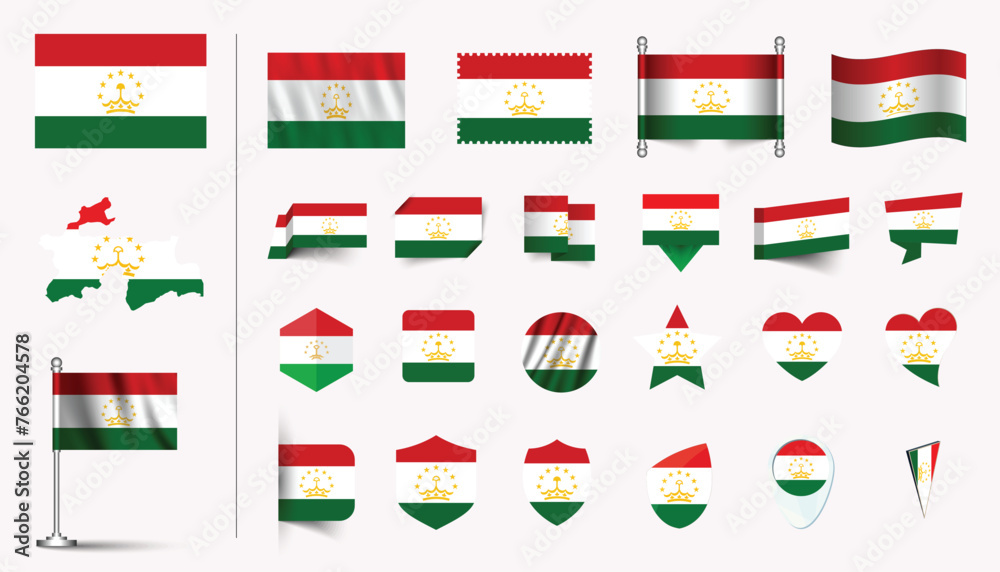 set of Tajikistan flag, flat Icon set vector illustration. collection of national symbols on various objects and state signs. flag button, waving, 3d rendering symbols, and flag on map symbols set of Tajikistan flag, flat Icon set vector illustration. collection of national symbols on various objects and state signs. flag button, waving, 3d rendering symbols, and flag on map symbols