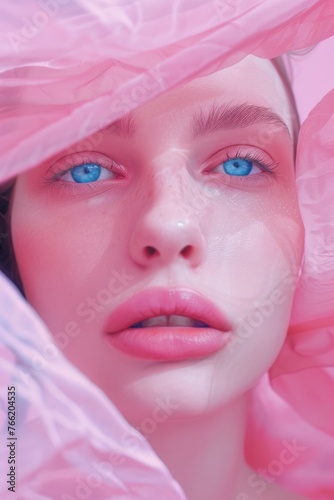 A woman with blue eyes andwrapped in pink fabric canvas. Summer aesthetic beauty concept.