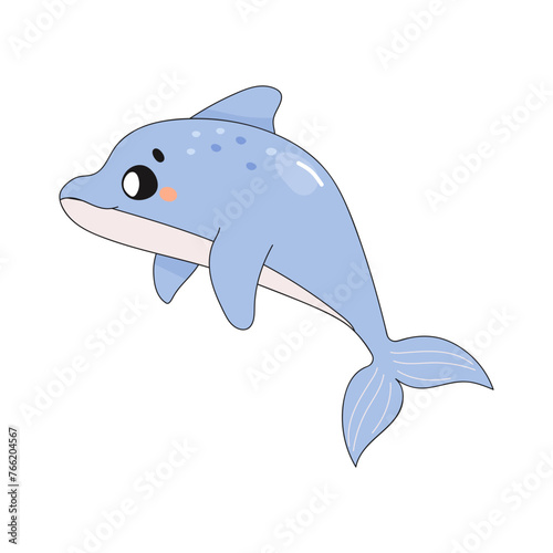 cute dolphin  t-shirt print  childrens poster  on white background. Underwater world with seaweed.