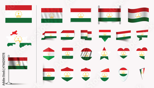 Free Download set of Tajikistan flag, flat Icon set vector illustration. collection of national symbols on various objects and state signs. flag button, waving, 3d rendering symbols, and flag on map symbols - GFXLoad
