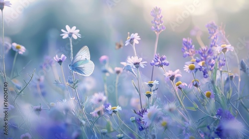 Beautiful wild flowers chamomile, purple wild peas, butterfly in morning haze in nature close-up macro. Landscape wide format, copy space, cool blue tones. Delightful pastoral airy artistic image.