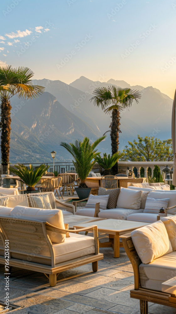 Outdoor furniture on a palmfilled patio, with mountains in the background. Generative AI