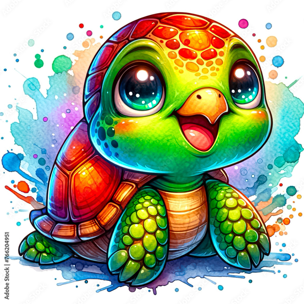 Fototapeta premium An illustration of Cartoon turtle with a friendly smile, rendered in watercolor style.