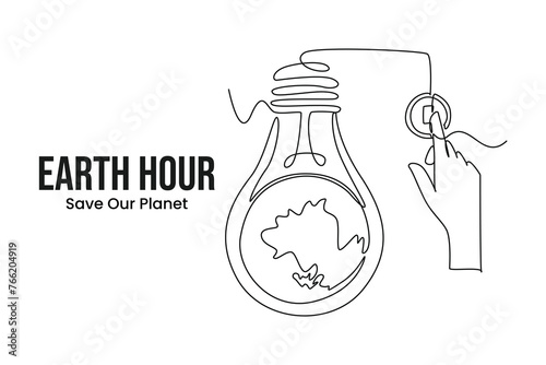 Simple continuous line draw icon hand pressing power on off earth light bulb. Earth hour concept. Earth globe with on off light switch icon or power button. Abstract space background with stars.