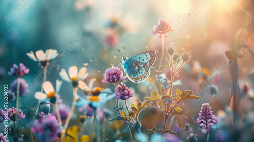 Beautiful wild flowers chamomile, purple wild peas, butterfly in morning haze in nature close-up macro. Landscape wide format, copy space, cool blue tones. Delightful pastoral airy artistic image. © Manzoor