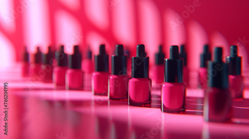 Blank nail polish bottles displayed against a hot pink background
