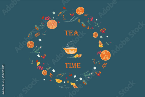 background with teapot brewed with fruits and berries