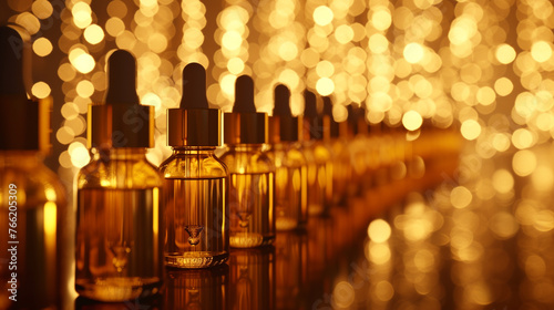 Blank skincare serum dropper bottles against a luxurious gold background