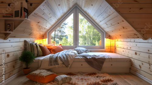 A cozy attic bedroom with slanted ceilings and a window