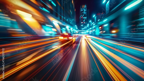 Capture the bustling cityscape at night with blurred car lights painting streaks on the highway, showcasing the energetic vibe of urban traffic during rush hour.