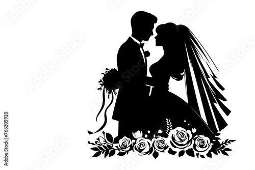 silhouette wedding couple bride and groom outlne vector illustration on white background