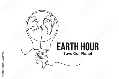 Simple continuous line draw icon The light bulb shows the time for the earth to rest. Earth hour concept. Earth globe with on off light switch icon or power button. Abstract space background with star
