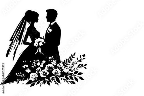 silhouette wedding couple bride and groom outlne vector illustration on white background