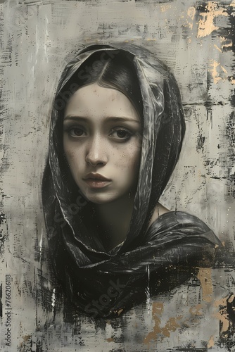 renaissance portrait of a woman on grey background, woman is looking straight
