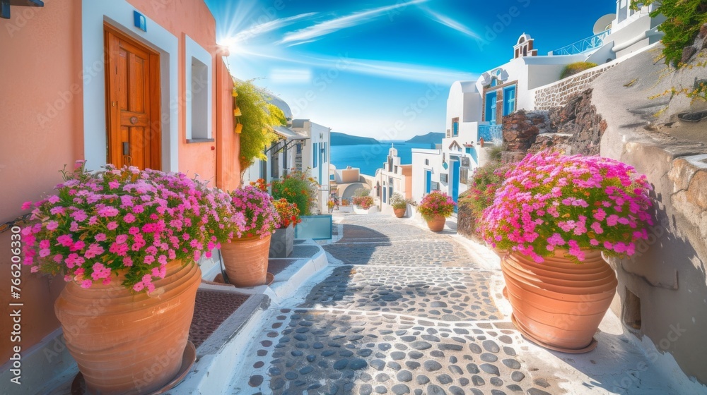 Santorini, Greece. Picturesq view of traditional cycladic Santorini houses on small street with flowers in foreground. Location Oia village, Santorini, Greece - obrazy, fototapety, plakaty 