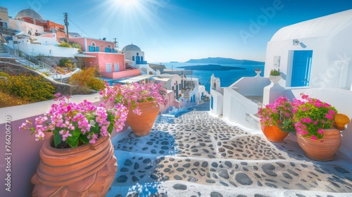 Santorini, Greece. Picturesq view of traditional cycladic Santorini houses on small street with flowers in foreground. Location Oia village, Santorini, Greece