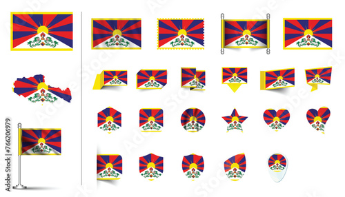 set of Tibet flag, flat Icon set vector illustration. collection of national symbols on various objects and state signs. flag button, waving, 3d rendering symbols, and flag on map symbols