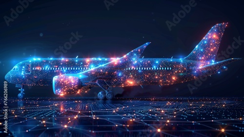 Low polygon airliner. Modern mesh spheres. Blue structure style illustration. Conceptual illustration.