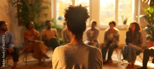 Group therapy session in progress. The image presents a back view of a woman leading a discussion in a warm, sunlit room surrounded by attentive participants seated in a circle. photo