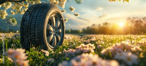 Summer tire on a car wheel standing in a blooming spring meadow. The warm sunlight and clear blue sky create an inviting atmosphere, suggesting the concept of road trips