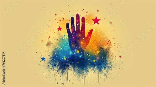 Abstract hand and puppet on a white background with an inscription. Political concept of a starry sky or space containing stars and the universe. Modern business illustration.