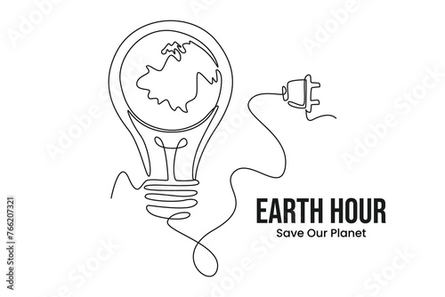 Simple continuous lline draw earth light bulb with plug. Flat Earth planet in Space. Earth globe with on off light switch icon or power button. Abstract space background with stars. Minimal design. Ve