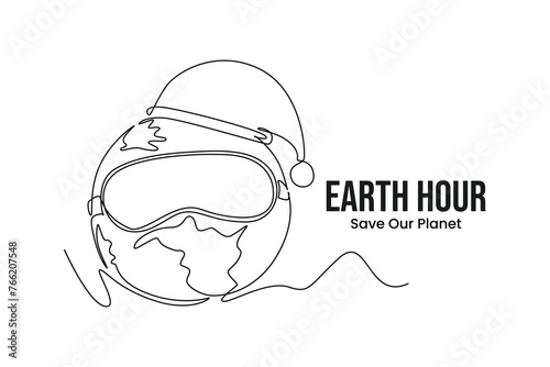 Simple continuous line draw icon earth wears a beanie to sleep. Flat Earth planet in Space. Earth globe with on off light switch icon or power button. Abstract space background with stars.