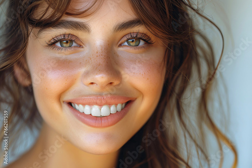 portrait of happy young smiling brunette girl with a white smile with healthy teeth close up