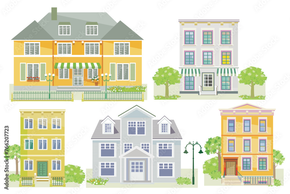 Set von Häusern und Wohnhäuser, Landhäuser, Holzhäuser, Familien Häuser,  isoliert auf weißem Hintergrund. Illustration