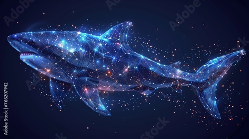The concept of a shark in the shape of the sky or space, consisting of points, lines, and shapes in the shape of planets, stars, and the universe. Modern animal image.