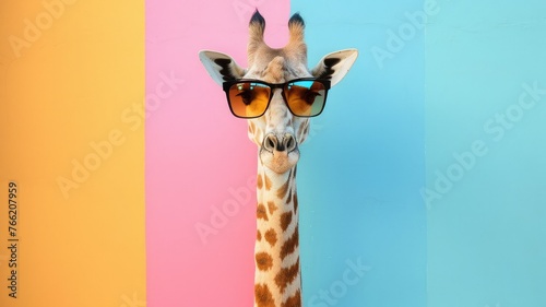 Illustration of a giraffe wearing black sunglasses, on a background with pink, yellow, green and pastel blue stripes. Image generated with AI