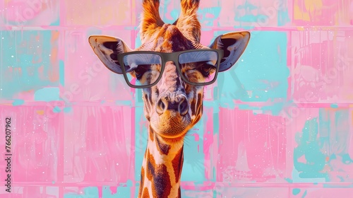 Illustration of a giraffe wearing black sunglasses, on a pastel pink and blue checkered background. Image generated with AI