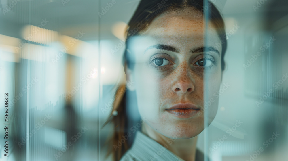 Professional woman's contemplative face behind translucent glass Professional woman's contemplative face behind translucent glass