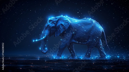 The image of an elephant isolated from a low poly wireframe on a dark background shows a starry sky or space composed of points, lines, and shapes in the form of stars and planets.