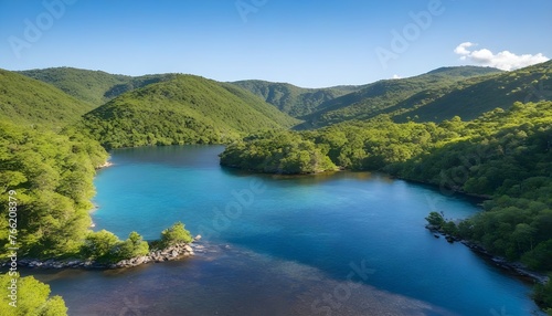 Photo landscape of a lake surrounded by mountains