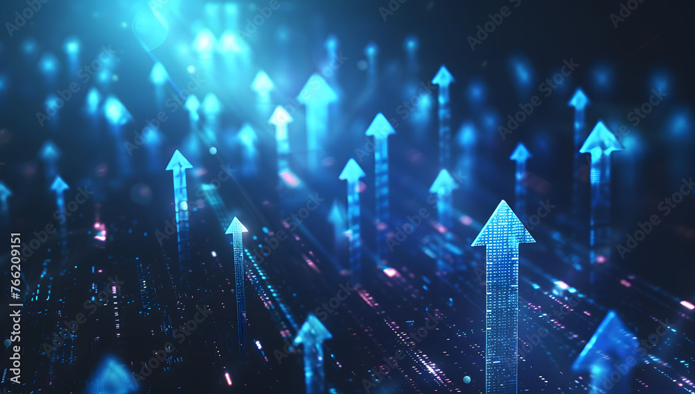 Abstract background with blue glowing arrows pointing upwards, representing growth and progress in technology or digital marketing. Abstract digital artwork with copy space.